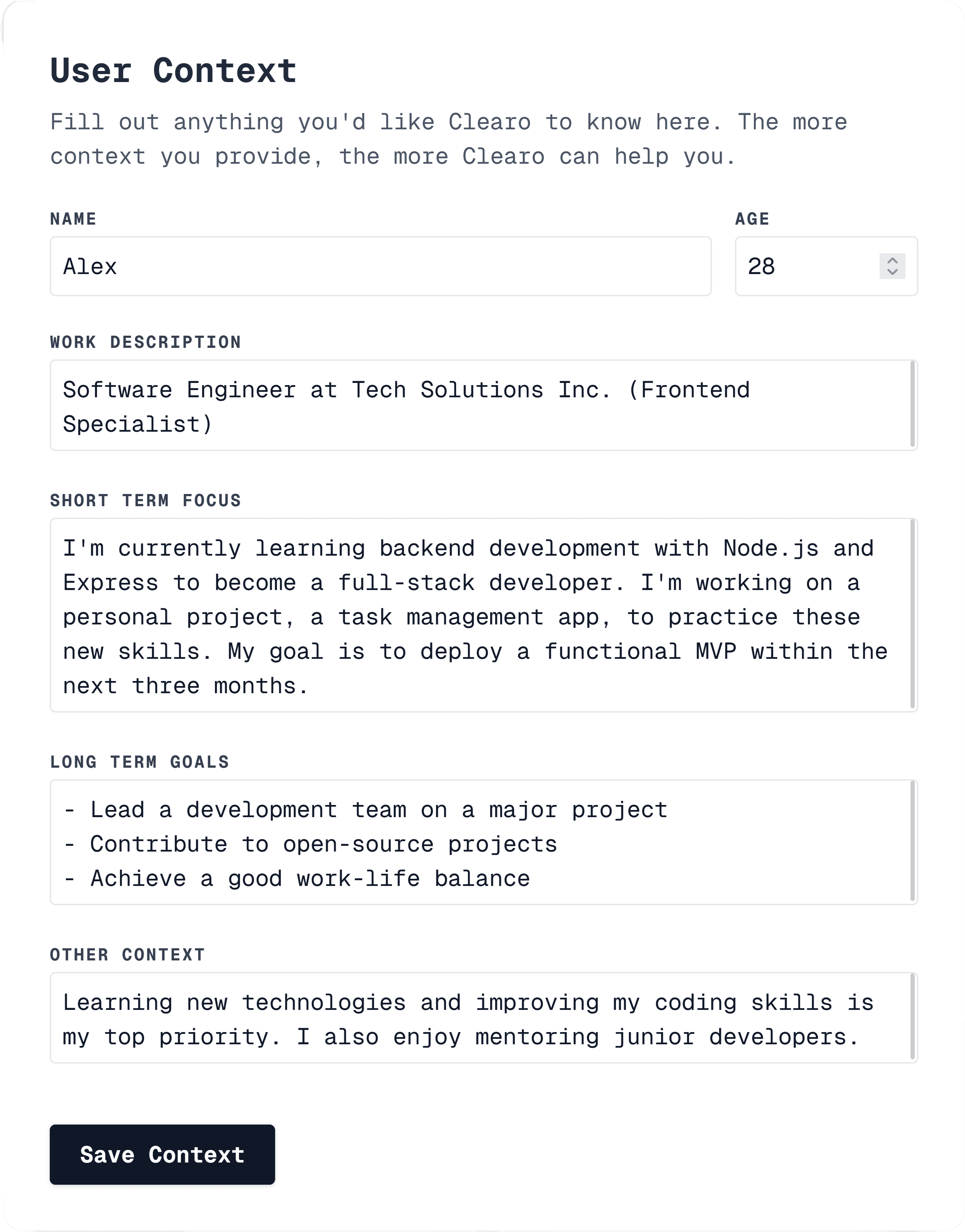 Clearo user context page screenshot